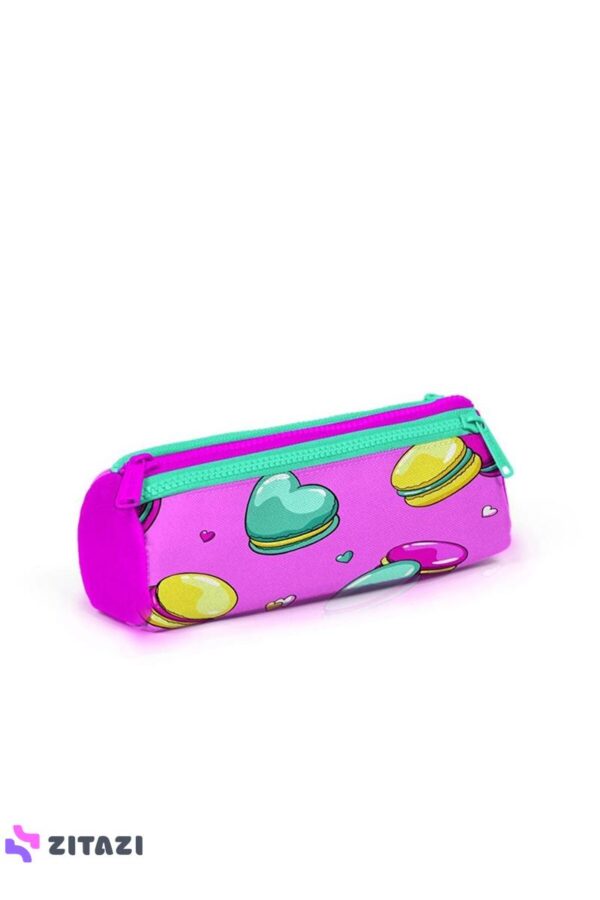 Kids Açık Pembe Su Yeşili Makaron Desenli Üç Bölmeli Kalem Çantası 22301