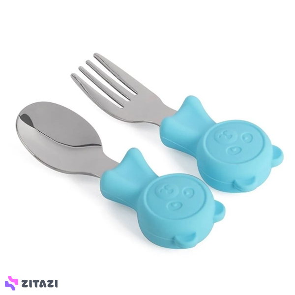 قاشق چنگال دسته سیلیکونی کودک jojobebek طرح خرس آبی
