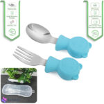 قاشق چنگال دسته سیلیکونی کودک jojobebek طرح خرس آبی