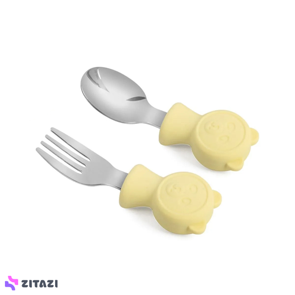 قاشق چنگال دسته سیلیکونی کودک jojobebek طرح خرس زرد