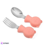 قاشق چنگال دسته سیلیکونی کودک jojobebek طرح خرس صورتی