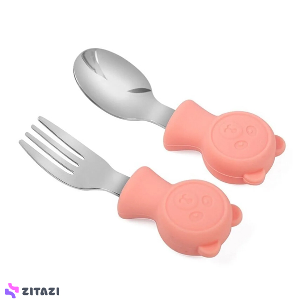 قاشق چنگال دسته سیلیکونی کودک jojobebek طرح خرس صورتی