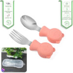 قاشق چنگال دسته سیلیکونی کودک jojobebek طرح خرس صورتی
