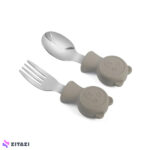 قاشق چنگال دسته سیلیکونی کودک jojobebek طرح خرس طوسی