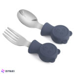 قاشق چنگال دسته سیلیکونی کودکان jojobebek طرح خرس خاکستری