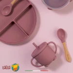 لیوان آموزشی سیلیکونی دوکاره اله‌له با دسته و نی رنگ صورتی