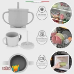 لیوان آموزشی سیلیکونی دوکاره اله‌له با دسته و نی رنگ طوسی