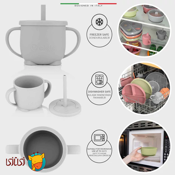 لیوان آموزشی سیلیکونی دوکاره اله‌له با دسته و نی رنگ طوسی