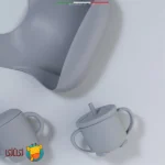 لیوان آموزشی سیلیکونی دوکاره اله‌له با دسته و نی رنگ طوسی