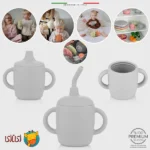 لیوان آموزشی سیلیکونی سه‌کاره اله‌له با دسته و نی رنگ طوسی