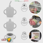 لیوان آموزشی سیلیکونی سه‌کاره اله‌له با دسته و نی رنگ طوسی