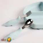ست قاشق و چنگال بچگانه استیل دسته سیلیکونی jojobebek مدل ماهی جعبه دار (سبز)