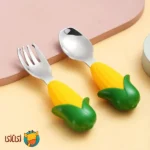 ست چنگال و قاشق بچگانه استیل دسته سیلیکونی jojobebek مدل ذرت