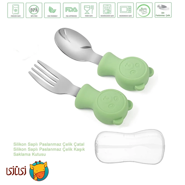 قاشق و چنگال کودک سیلیکونی با سر استیل جوجوببک jojobebek Fork and Spoon 