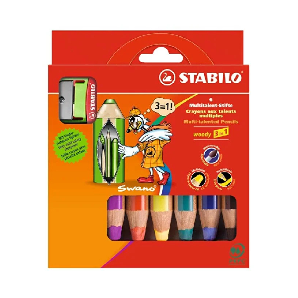 مداد رنگی 6 رنگ استابیلو مدل Woody 3 in 1