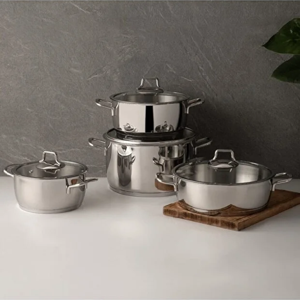 سرویس قابلمه استیل 8 پارچه نهیر مدل Silver Klasik Bombeli