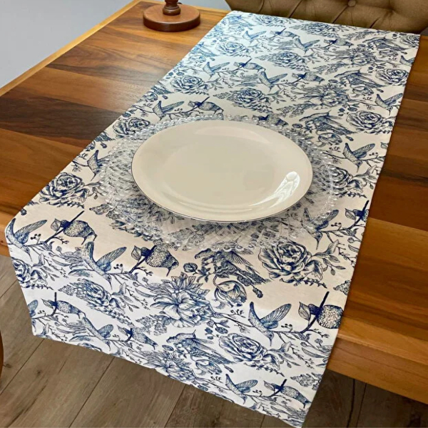رانر رومیزی پنبه ای 40 × 150 سانتی متر کامیز با نقوش گل و پرنده آبی