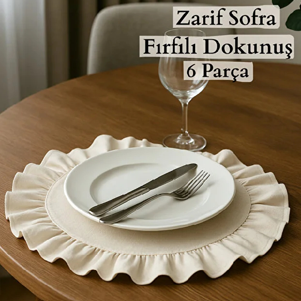 ست 6 عددی زیر بشقابی گرد چین دار پنبه و کتان 40 × 40 سانتی متر کامیز بژ